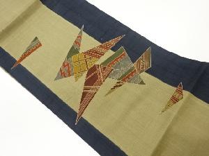 手織り紬型染三角に幾何学模様名古屋帯
